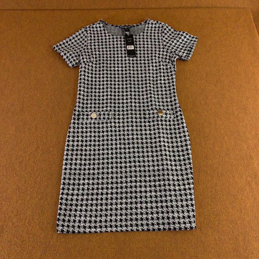 Elizabeth & Nicole Womens Medium Petite Black White Houndstooth Mini Dress NWT